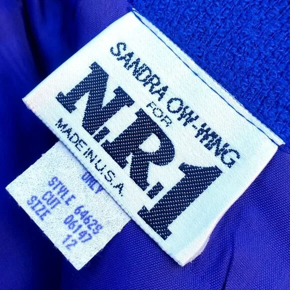 Vintage 80s Electric Blue Wool Power Skirt Suit L XL Rhinestone Buttons - Picture 5 of 13